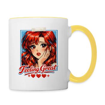 Retro Anime Girl Feeling Great Red Hair Aesthetic - Contrasting Mug - white/yellow - Right