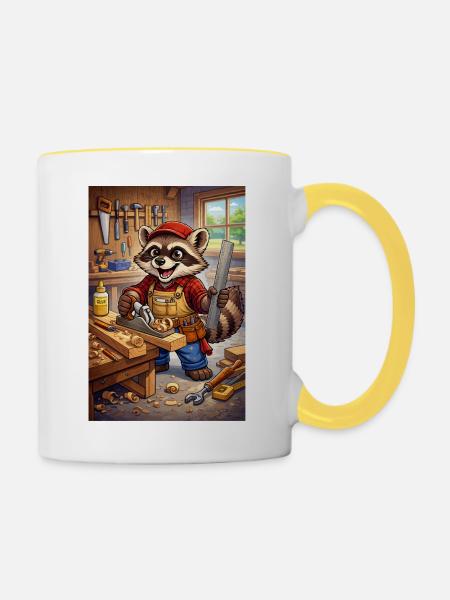 Waschbär Holzhandwerker - Tasse zweifarbig - Weiß/Gelb