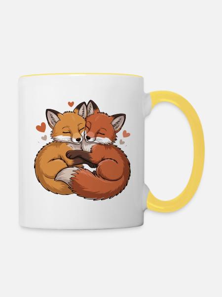 Zwei Füchse Umarmung - Tasse zweifarbig - Weiß/Gelb