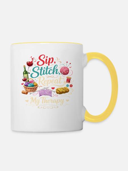 Sip Stitch Repeat Therapie - Tasse zweifarbig - Weiß/Gelb