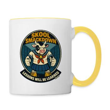 Cow showdown in school - Contrasting Mug - white/yellow - Right