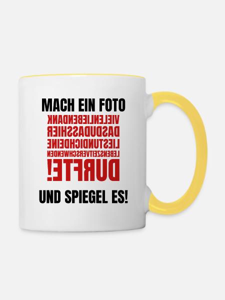 Mach ein Foto - Gespiegelter Text - Tasse zweifarbig - Weiß/Gelb