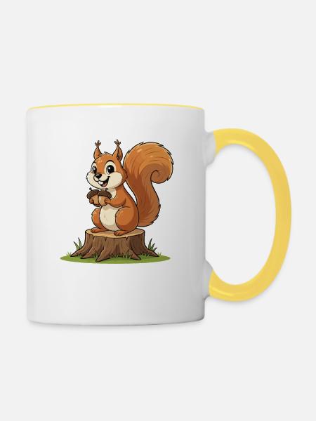 Eichhörnchen am Baumstumpf mit Eichel - Tasse zweifarbig - Weiß/Gelb