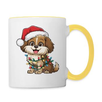 Weihnachtshund mit Lichterkette - Tasse zweifarbig - Weiß/Gelb - Rechts
