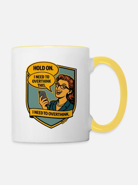 Halt an – Überdenke Overthinker Comic - Tasse zweifarbig - Weiß/Gelb