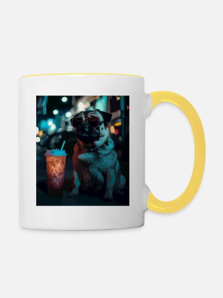 Neon-Pug im Nachtleben - Tasse zweifarbig - Weiß/Gelb