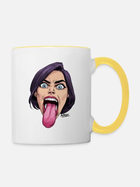Zunge raus: Comic-Ausdruck - Tasse zweifarbig - Weiß/Gelb