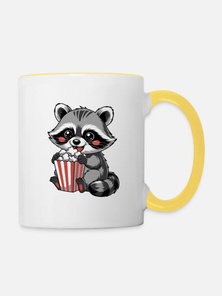 Kuschelnder Waschbär Popcorn - Tasse zweifarbig - Weiß/Gelb
