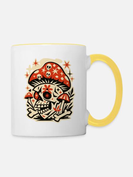 Pilz Totenkopf Retro Psychedelia - Tasse zweifarbig - Weiß/Gelb