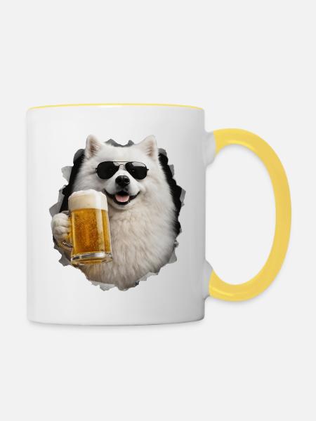 Japanischer Spitz Bier - Tasse zweifarbig - Weiß/Gelb