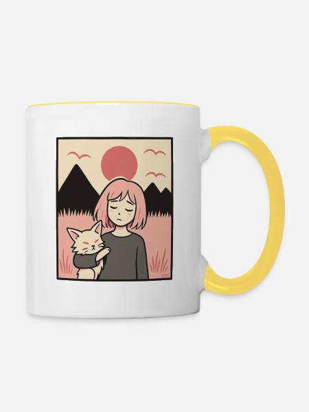 Mädchen mit Katze vor Bergen - Tasse zweifarbig - Weiß/Gelb