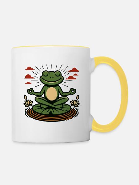 Meditierender Frosch mit Lotusblüten - Tasse zweifarbig - Weiß/Gelb