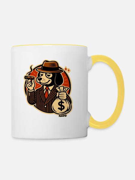 Gängsterhund im Anzug mit Geldsack - Tasse zweifarbig - Weiß/Gelb