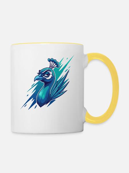 Neonblauer Pfauenkopf - Tasse zweifarbig - Weiß/Gelb