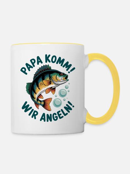 Papa komm! Wir Angeln - Tasse zweifarbig - Weiß/Gelb