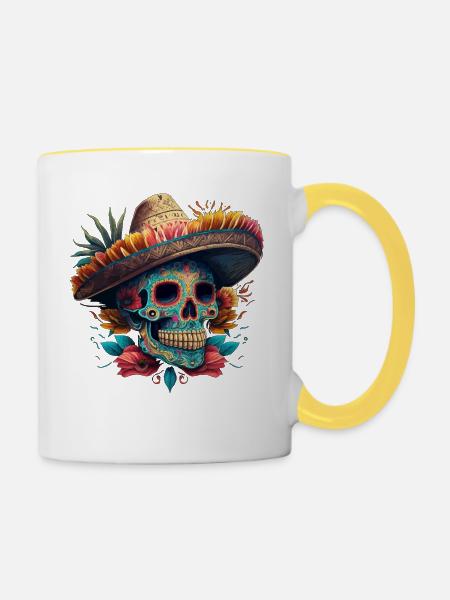 Lebendiger Zuckerschädel im Sombrero - Tasse zweifarbig - Weiß/Gelb