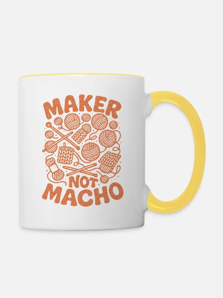 Macher statt Macho | Stricken Männer - Tasse zweifarbig - Weiß/Gelb