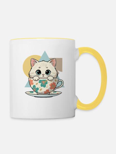 Kätzchen im Teetassen-Design - Tasse zweifarbig - Weiß/Gelb