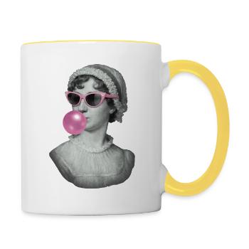 Jane Austen with bubblegum and sunglasses - Contrasting Mug - white/yellow - Right
