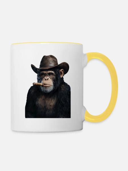Schimpanse mit Cowboyhut und Zigarre - Tasse zweifarbig - Weiß/Gelb