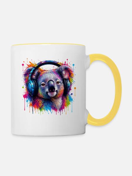 Kaleidoskop-Koala mit Kopfhörern - Tasse zweifarbig - Weiß/Gelb