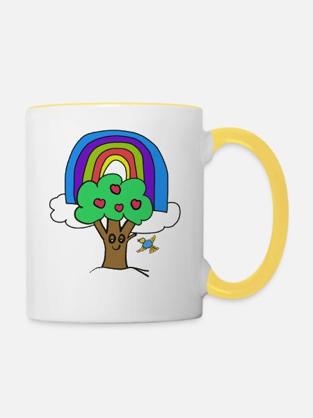 Regenbogen Apfelbaum Vogel Kinder - Tasse zweifarbig - Weiß/Gelb
