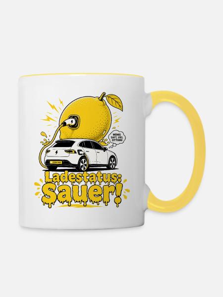 Ladestatus Sauer, E Auto Satire. - Tasse zweifarbig - Weiß/Gelb