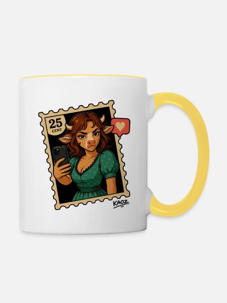 Selfie-Kuh-Briefmarkenporträt - Tasse zweifarbig - Weiß/Gelb