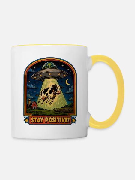 Kuh im UFO-Lichtstrahl - Tasse zweifarbig - Weiß/Gelb