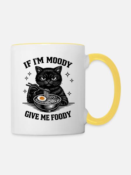 Stimmungsvolle Katz-Ramen Illustration Hungrig - Tasse zweifarbig - Weiß/Gelb