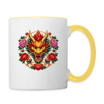 Feuriger Drachenkopf mit Pfingstrosen - Tasse zweifarbig - Weiß/Gelb - Rechts