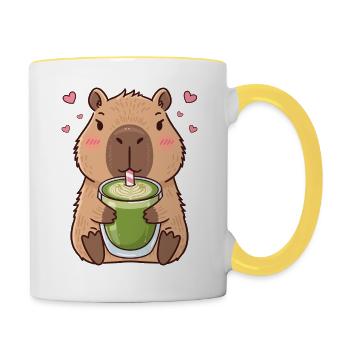 Cute Kawaii Capybara Drinking Matcha Tea Latte - Contrasting Mug - white/yellow - Right
