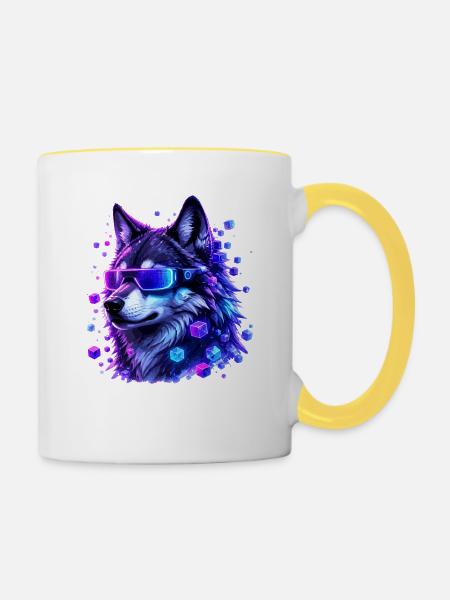 Neonwolf mit VRBrille - Tasse zweifarbig - Weiß/Gelb