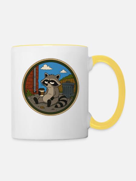 Waschbär in der Kaffeepause - Tasse zweifarbig - Weiß/Gelb