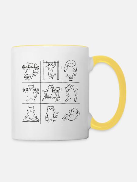 Katzen Gym-Motive: 9 Panels - Tasse zweifarbig - Weiß/Gelb