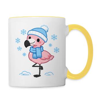 Winter Flamingo mit Schal - Tasse zweifarbig - Weiß/Gelb - Rechts