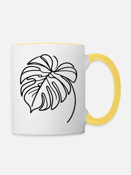 Monstera Linienkunst Schwarz - Tasse zweifarbig - Weiß/Gelb