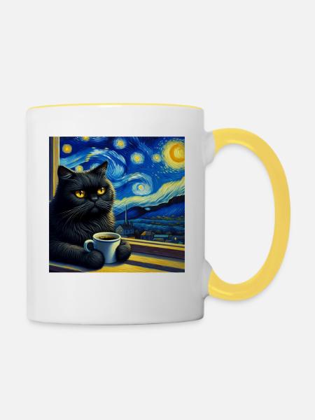 Schwarze Katze Starry Night - Tasse zweifarbig - Weiß/Gelb