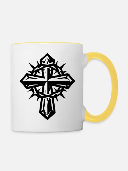 Kreuz Dornenkrone - Tasse zweifarbig - Weiß/Gelb