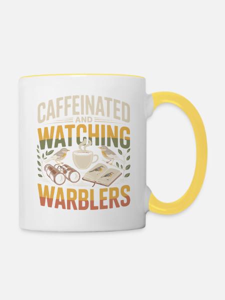 Kaffee, Warbler und Lesezeit - Tasse zweifarbig - Weiß/Gelb
