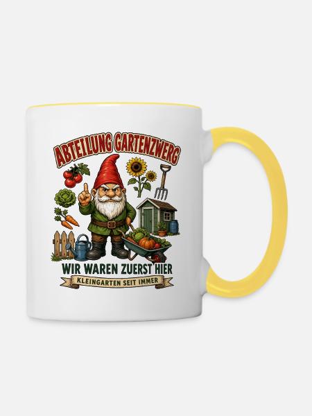 Abteilung Gartenzwerg Kleingarten Humor - Tasse zweifarbig - Weiß/Gelb