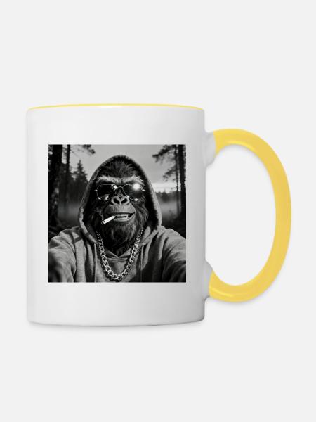Gorilla raucht Zigarette - Tasse zweifarbig - Weiß/Gelb