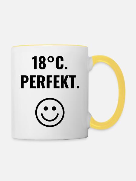 18°C. Perfekt. - Tasse zweifarbig - Weiß/Gelb