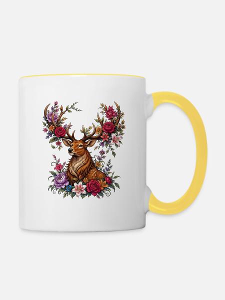 Floraler Hirsch mit Blütengeweih - Tasse zweifarbig - Weiß/Gelb