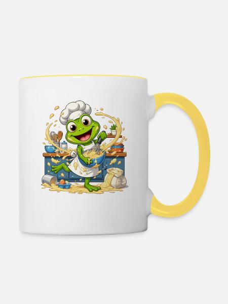 Küchenfrosch Chef: Pfannensplash - Tasse zweifarbig - Weiß/Gelb