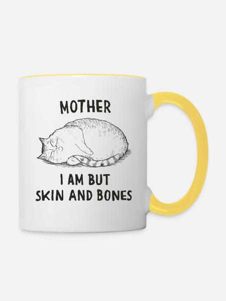 Katzenmama Spruch Haut Und Knochen - Tasse zweifarbig - Weiß/Gelb