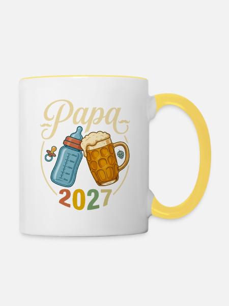 Papa 2027 – Retro-Bier-und-Flaschen-Geschenk - Tasse zweifarbig - Weiß/Gelb