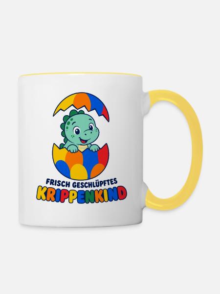 Bunter Dino im Ei Krippenkind - Tasse zweifarbig - Weiß/Gelb