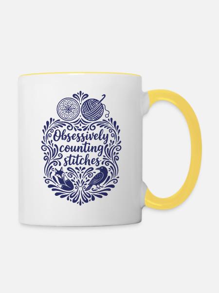 Obsessiv Maschen zählen, lustiger Häkelliebhaber - Tasse zweifarbig - Weiß/Gelb