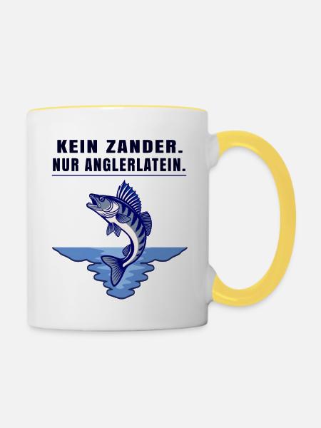 Anglerlatein Spruch – Zander Angler Motiv - Tasse zweifarbig - Weiß/Gelb